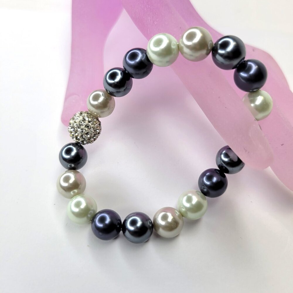 Pearl Stretch Bracelet, Black and White Faux Bracelet, Pearl Bangle- NEW